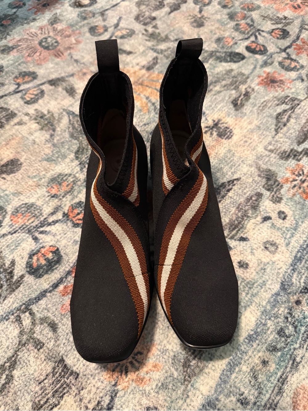 Lower King Black Stretch Ankle Boots with Brown and Cream Stripes